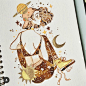 法国插画师 Sibylline_M 一组手绘时尚女孩 ​​​​ 水彩 女孩 背景 坐着  材质  星空 棕色 侧脸