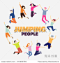 Group of young people jumping on white background with copy space.  Stylish modern vector illustration with happy male and female teenagers  Party, sport, dance and friendship team concept.