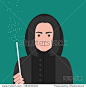 Wizard in black clothes with magic wand. Fantasy and fairy tale