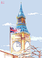 -插画家园-插画家园浪漫游世界【圆珠笔绘】-插画家园伊丽莎白塔（旧称大本钟）世界上著名的哥特式建筑之一，哥特式建筑的特点是钟塔的尖塔-插画家园