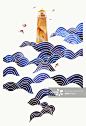 Birds flying round lighthouse in sea waves_创意图片