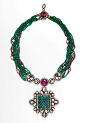 Amrapali multi-strand Zambian emerald, diamond and ruby necklace with large diamond and carved Zambian emerald pendant.