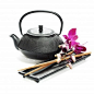 Asian food concept (Tea pot, orchid and chopsticks): 