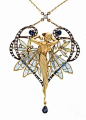 pendant with plique-à-jour enamel,  sapphires and diamonds. Art Nouveau.