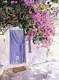 明快的色彩，交错的光影，一景一物，一门一窗，美好与宁静定格在画中~~英国Margaret Merry水彩画作品