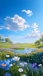 flowers in the countryside with blue sky, in the style of hyper-realistic water, cute and dreamy, terragen, saturated pigment pools, realistic rendering, lovely