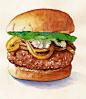Original Watercolor Painting - The Big One - Hamburger Food Art. $70.00, via Etsy.