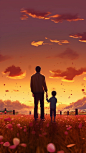Father's Day, the young son accompanied the middle-aged father looking into the distance, high-definition image, background sunset, close-up, hand-held broken photos, flowers around, studio lighting, plane illustration, ultra HD, 8k, Japanese animation st