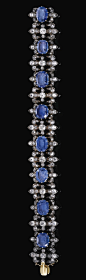 蓝宝石钻石手链，19世纪后期铰接式手链由八个椭圆矩形修改诬陷弗勒尔代利斯图案，枕形，圆形，单切割和玫瑰钻石，长约184毫米的蓝宝石。