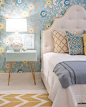 Children's bedroom. Guest bedroom. Girl's bedroom. Upholstered and tufted headboard. Blue and white and gold. Lucy and Company: 