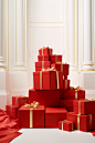 In this illustration, red boxes with ribbon on top of them, in the style of large-scale photography, elegant compositions, carpetpunk, xmaspunk, minimalist still lifes, light white and gold, lively interiors
