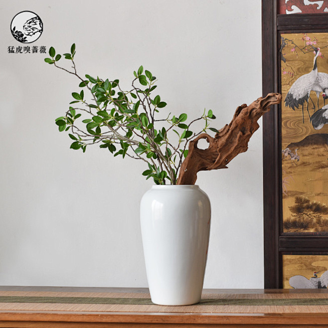 新中式样板房禅意迎榕树盆景栽白色陶瓷花瓶...