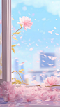a window showing a pink flower background, in the style of kawacy, soft atmospheric perspective, scattered composition, sky-blue, happenings, organic material
