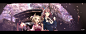 2girls animal_ears blonde_hair blue_eyes brown_hair building cherry_blossoms dualscreen fang food headdress japanese_clothes long_hair original petals purple_eyes sakuhiko short_hair signed tree