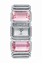 Cartier高级珠宝腕表，18K白金镶饰粉色紫锂辉石，梯形切割钻石，方形钻石，明亮式切割钻石。