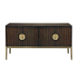 Bernhardt Jet Set Sideboard : Shown in Caviar finish. <br /> Ribbon Stripe Sapele veneers. Caviar finish. Four doors. Behind left pair of doors is one fixed shelf and one fully extendable drawer with hand cut-out. Drawer has silverware insert. Behin