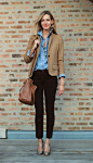 Camel Blazer + Chambray Shirt + Black Skinnies