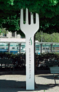 Giant Fork for tibits (vegetarian) Restaurant, Switzerland. Inscription on Fork: Very, very fresh vegetarian food.