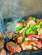 Grilled meat and Spring Onions on the Skewers