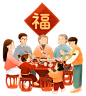 除夕新年中国一家人团聚吃团圆饭插画图片下载