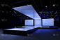 空舞台设计模型和企业形象，展示。站台元素在大厅。图形资源的空白屏幕系统。现场事件主导夜光舞台，3D渲