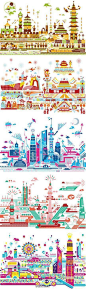 [【插画】中国城市插画] 这组令人惊叹的作品是插画家利用简单的几何图形和漂亮的色彩记录并描绘出北京、上海、广州、西安和香港这几个中国的大都市在其脑海中的美丽印象。
