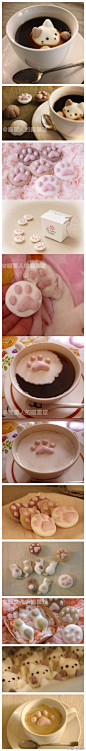 【萌猫棉花糖】是由日本一间专门卖棉花糖的店家「やわはだ」所推出的，除了可爱的猫造型外，还有迷死人的猫掌肉球，也有可可、奶茶和绿茶口味选择。把它们放在咖啡里面，立刻令一杯咖啡变得舍不得喝，不忍心喝。喵了个咪, 好萌啊!!
