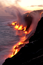 Active lava flows touching the ocean in Hawaii