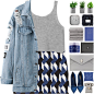 #printskirt #denimjacket #pumps #clutch #blueandwhite #grey