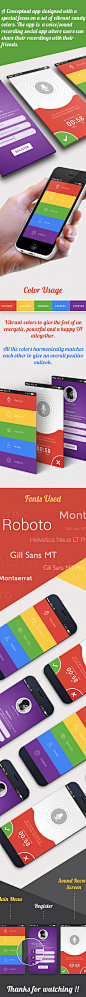 Candy Colors_Conceptual Sound App : A Conceptual app designed with a special focus on a set of vibrant candy colors. The app is a voice/sound recording social app where users can share their recordings with their friends.The search query allows users to r