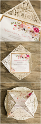 glittery pink and gold elegant floral bohemian laser cut wedding invitations @elegantwinvites -use CODE "PRO" to enjoy 15% off: 