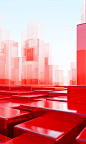 red shiny blocks with 3d pattern, in the style of surreal architectural landscapes, light white and white, glass as material, bold colorful lines, low depth of field, columns and totems, roni horn