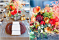 婚礼布置-秋季长餐桌装饰灵感--银色的亚麻桌布，多肉植物和蜡烛，艳丽的色彩的鲜花