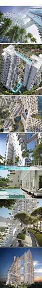 #住宅#【萨夫迪：新加坡碧山中央公寓楼】碧山中央（Bishan Central）公寓楼，是一座独特的城市居住空间，在两座38层的塔楼中间用三座步行天桥花园连接，共建造了500套公寓。Moshe Safdie设计了一个独特的台阶式外形，形成三维矩阵型的房屋、私人露台和公共花园.... 