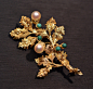 1960年意大利古董18Ｋ金 海水珍珠 绿松石 胸针