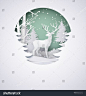 Deer in forest with snow in the winter season and christmas.vector paper art style.