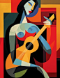 Create an elegant figure painting in the style of abstract constructivism, depicting a woman holding a guitar in romantic gesture. Focus on capturing the essence of the musician's emotions and the deep connection between the player and his instrument. Uti