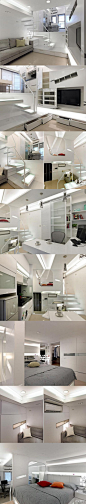 #花瓣家居#16.5平方米未来感公寓设计，挑高4.8米。以纯白色为基调，客厅、厨房、书房、主卧以及十多处收纳空间，三层式的格局区分明确，用简约的悬浮式楼梯连接，通透清爽，太COOL了！→http://t.cn/zleAWqP