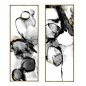 Smoke Signals artwork features a pair of vertical abstract images providing captivating movement.  The Giclee contemporary designs are neutral in color with black, gray, white and hints of gold lines forming the interesting story we see. Glass framed in a