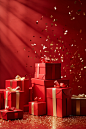 Confetti and gold wrapped gifts on a red background, in the style of danish design, monochromatic compositions, luminous shadows, bright color blocks, atmospheric installations, exacting precision, 20th century scandinavian style