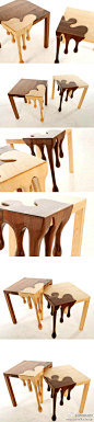 这套创意十足的实木桌子叫做“融合桌”（Fusion Tables）是设计师 Matthew Robinson最新的设计作品 ，他在英国利兹艺术学院学习家具设计。这套实木桌采用美国胡桃木和枫木手工制造。几乎卡通般的液体流挂外观，使得家具多了一份诙谐