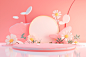 3d digital art illustration with a pink background with flowers and water, in the style of minimalist stage designs, circular shapes, joong keun lee, colorful cartoon, light orange and white, sheet film, selective focus