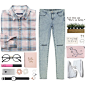A fashion look from February 2016 featuring plaid shirt, stretch pants and white shoes. Browse and shop related looks.