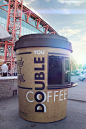 Designed and branded by LIFT Creative, DOUBLE U COFFEE is a coffee-to-go  company.  LIFT Creative's challenge was to "create a brand for a coffee-to-go chain  with spots looking like gigantic paper cups." LIFT Creative came up with  the name, DO