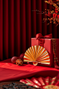 Gift, golden fans and bow on red curtains, in the style of paper sculptures, vivid color blocks, gongbi, rtx, warm color palettes, sharp & vivid colors, sanriocore