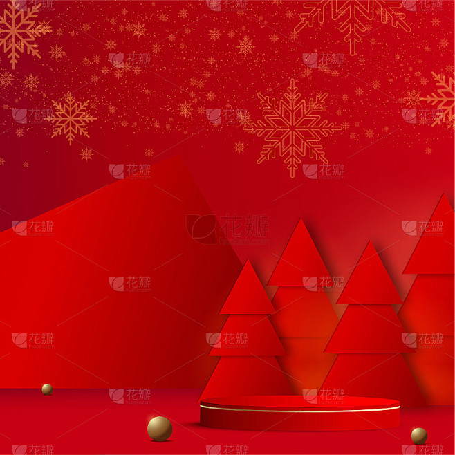 圣诞快乐，新年快乐的背景与红色讲台和纸松...