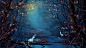 General 1920x1080 digital art nature trees leaves branch water stream animals rabbits moon night mist