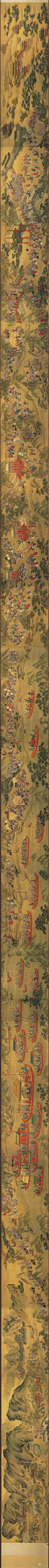 明 佚名《入跸图卷》绢本 设色 横：3003.6cm 纵：92.1cm 藏台北故宫。再说说入跸图，入跸图传统观赏则由左往右，绘皇帝谒陵完毕坐船，走水路还宫的情景。