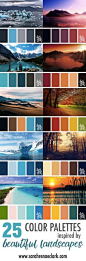 These amazing landscapes are a great source of color inspiration | Click to see all 25 color combinations inspired by beautiful landscapes. You can find more color schemes at http://sarahrenaeclark.com | Colour palettes, colour schemes, color therapy, moo