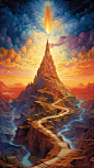 the spire of the sun tangled in the sky, in the style of optical illusion paintings, intricate psychedelic landscapes, passage, realistic landscape paintings, otherworldly scenes, hikecore